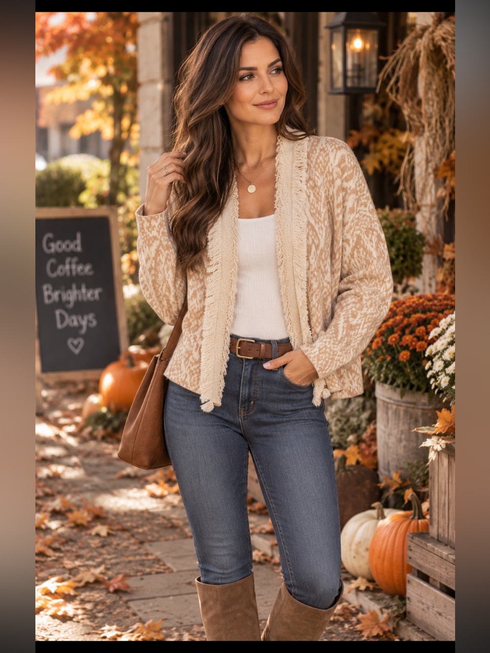 Intermix Simone Fringed Jacquard Cardigan in Beige wool cashmere